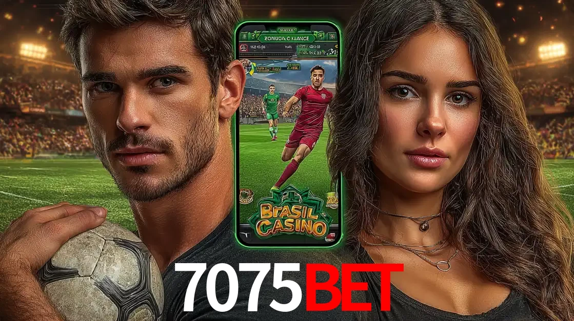 Homem segurando uma bola de futebol e uma mulher ao lado de um smartphone exibindo o jogo de apostas esportivas da 7075BET. Faça seu palpite no cassino online.